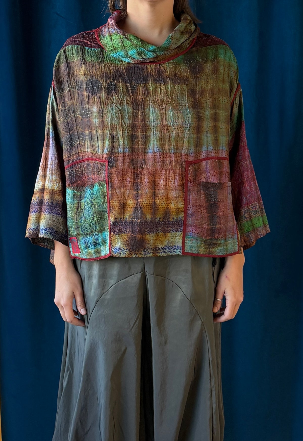 Mieko Mintz Tie Dye Vintage Silk Kantha Cowl Pullover in Brown