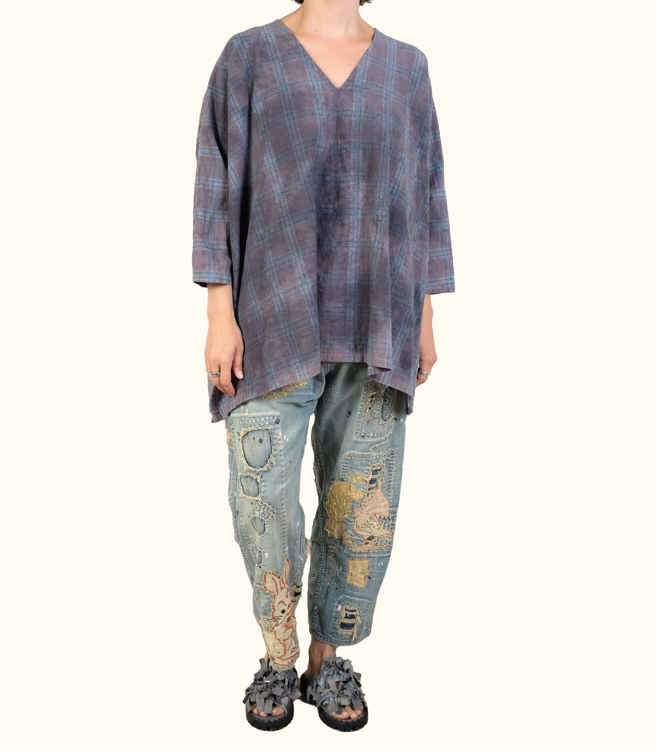 KQ One Size Gray Over Dye Plaid Tunic