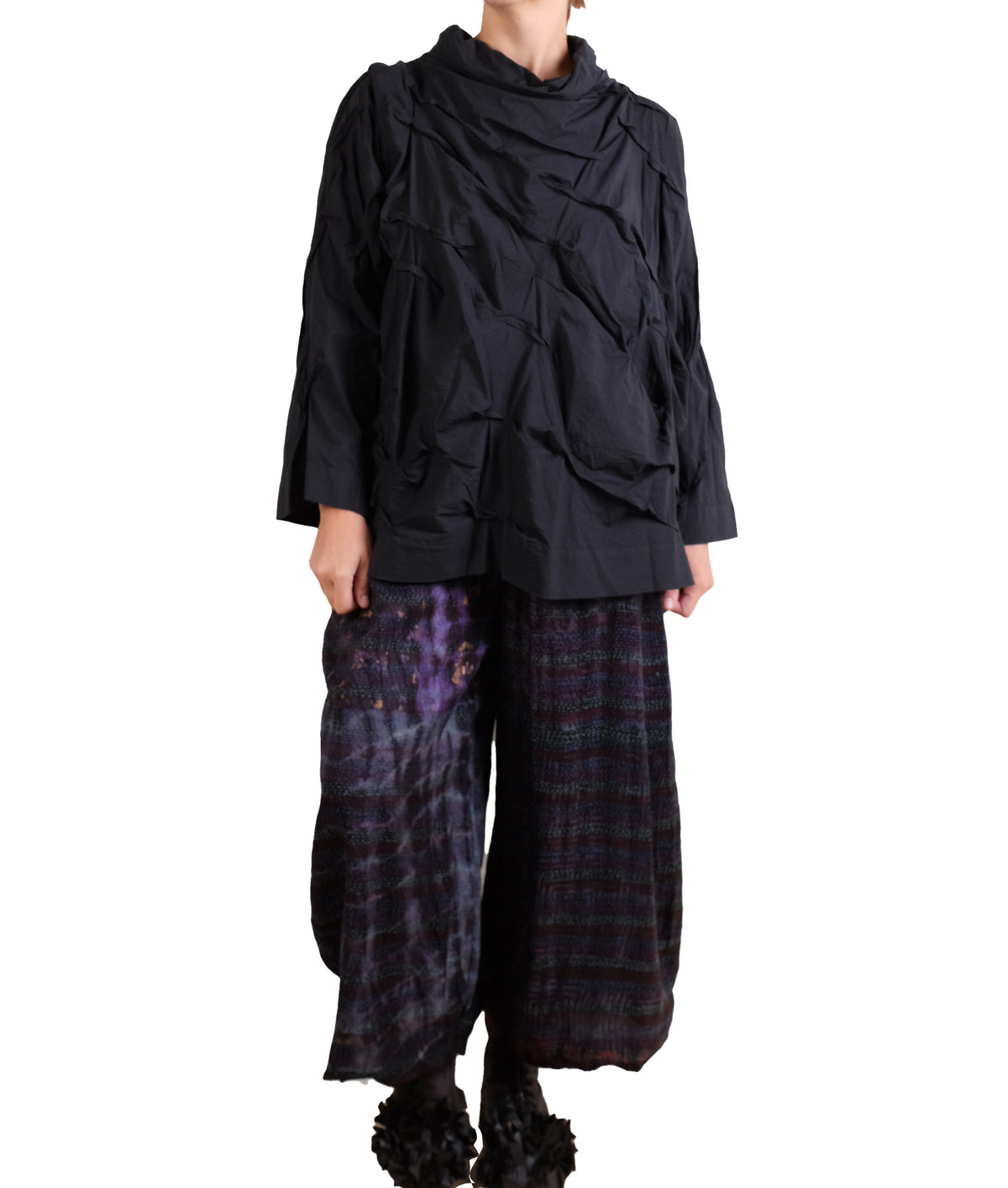 Mieko Mintz Tie Dye Vintage Silk Kantha Wide Leg Lantern Pant in Maroon