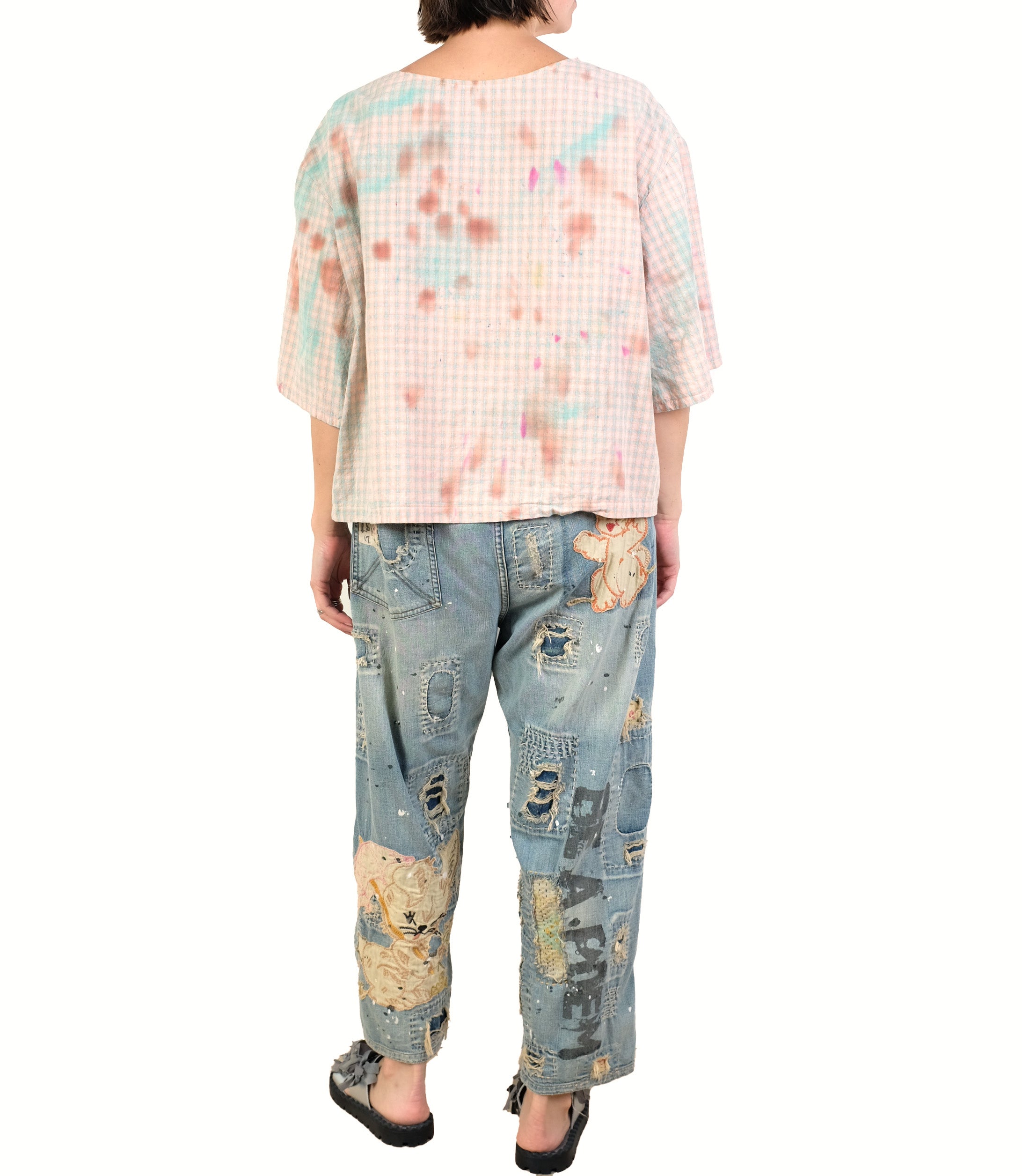 KQ One Size Peach Over Dyed Gingham Top