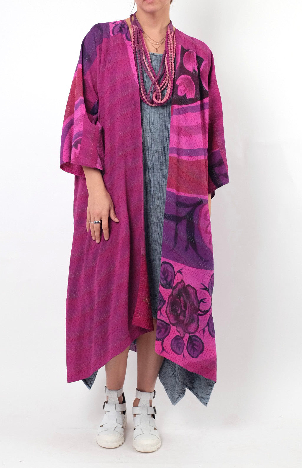 Mieko Mintz Georgette Vintage Silk Patch Kantha Kimono Maxi