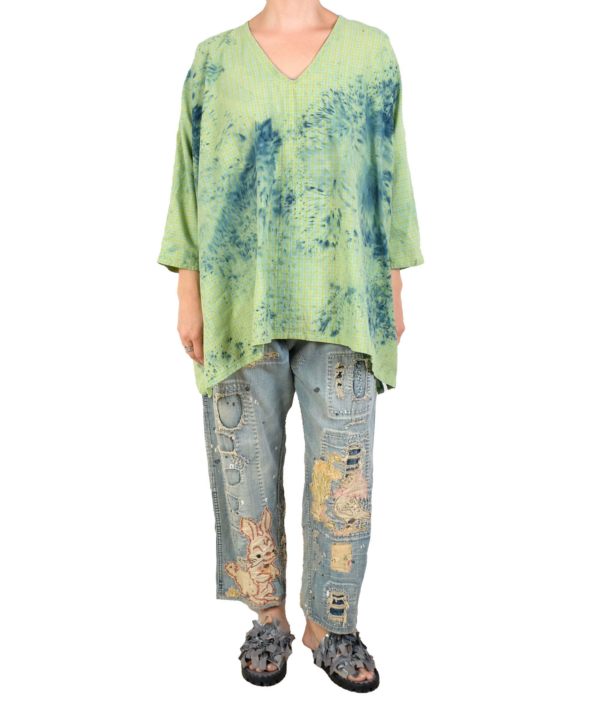 KQ One Size Yellow/Green Tie Dye Gingham Tunic