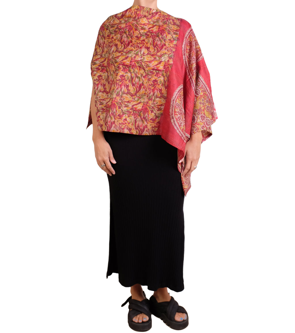 Vintage Silk Kantha Long Cape in Reds