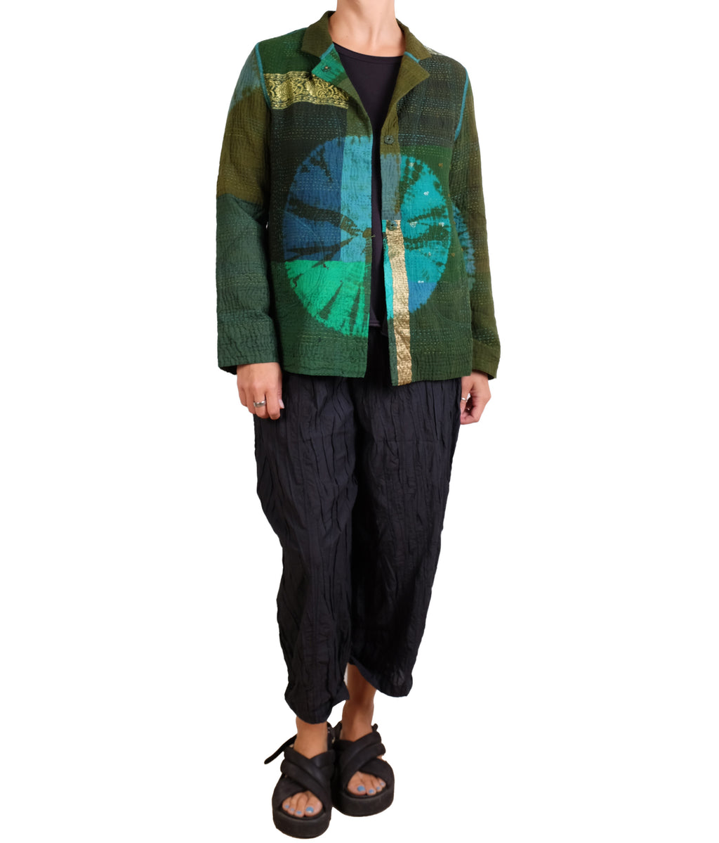 Mieko Mintz Olive Shibori Tie Dye Cotton Silk Patch Kantha Simple Jacket