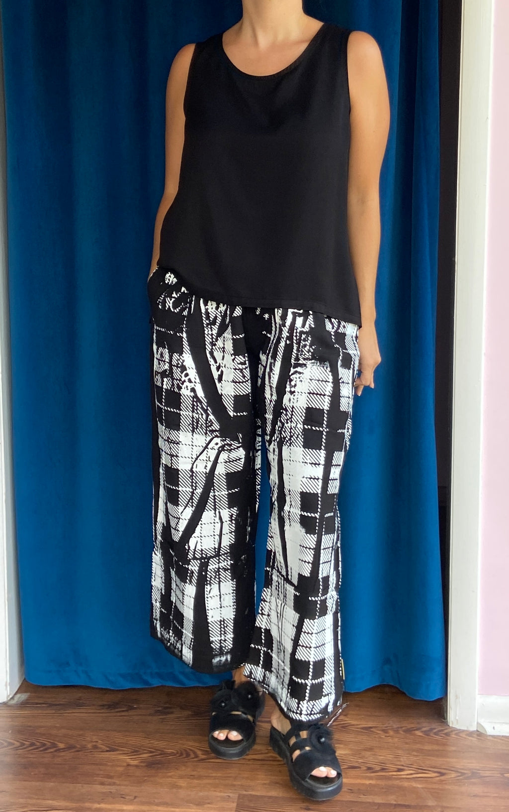 Paper Temples Ellis Pant in Black Sateen with Plaid Print