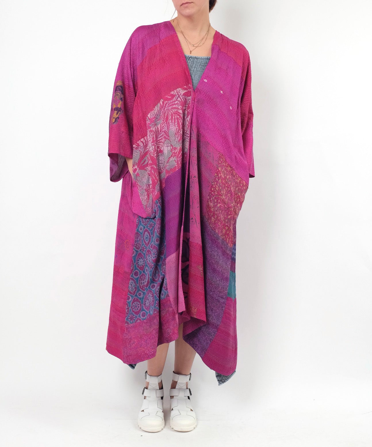 Mieko Mintz Georgette Vintage Silk Patch Kantha Kimono Maxi
