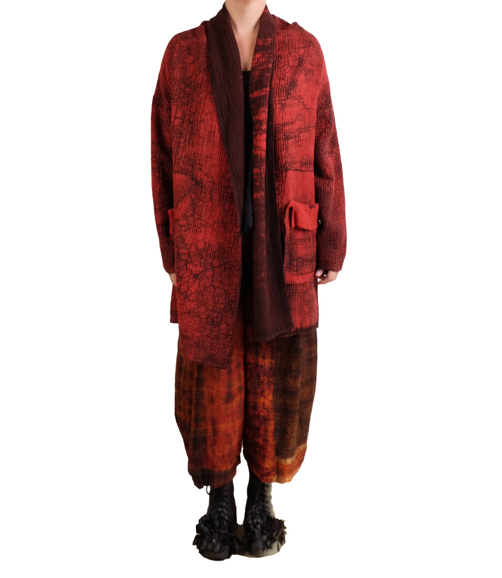 Mieko Mintz Mud Dye Ripple Kantha Shawl Coat in Red