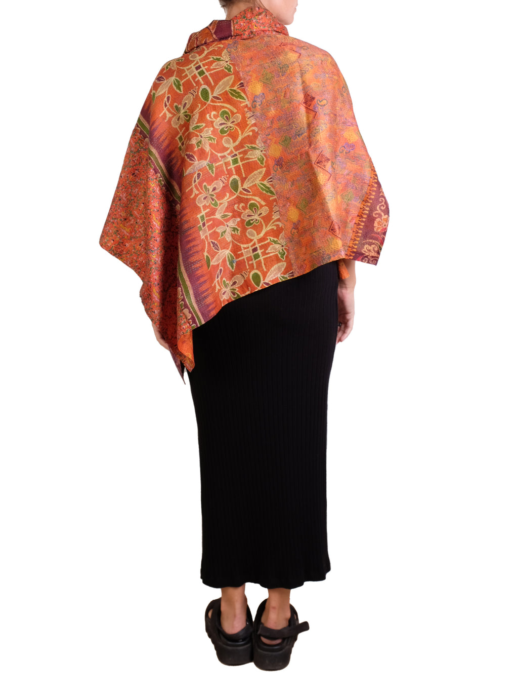 Vintage Silk Kantha Cowl Neck Long Cape in Oranges
