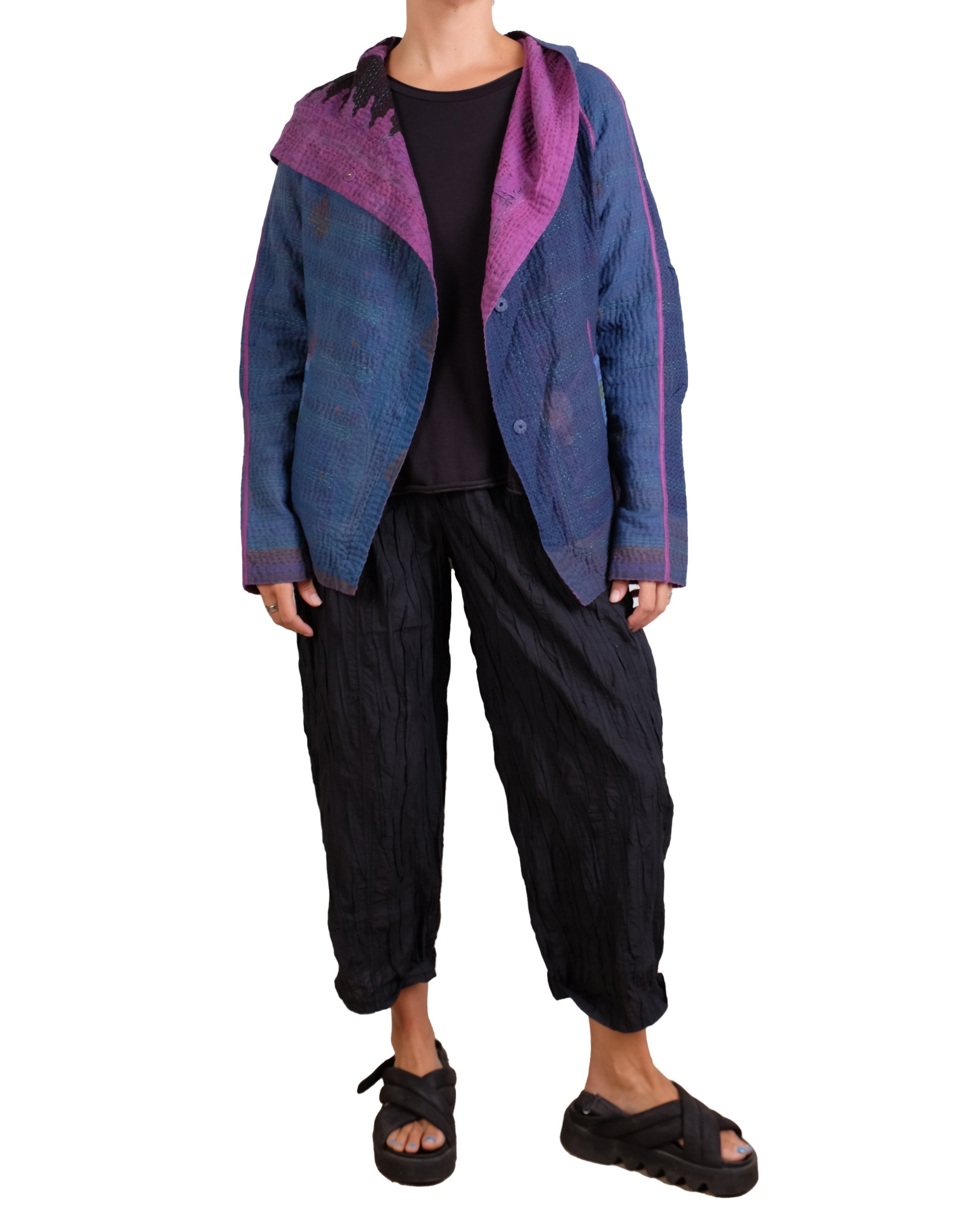 Mieko Mintz Navy & Purple Cotton Overdye Kantha Hoodie Jacket