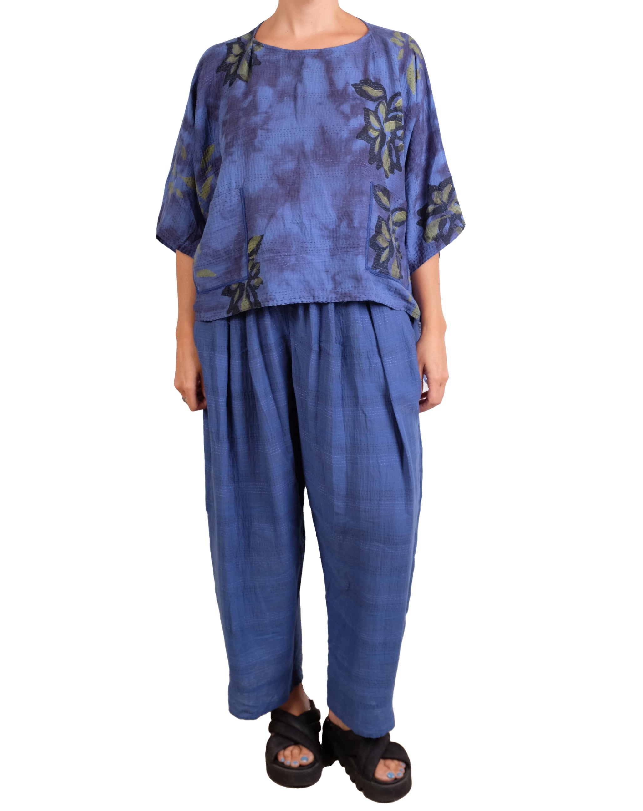 Mieko Mintz Cloud Tie Dye Floral Kantha Tucked Gather Pants