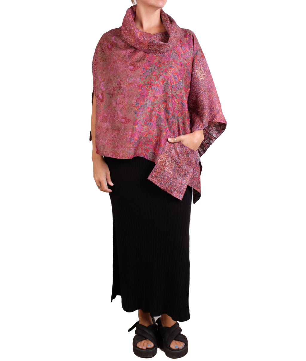 Vintage Silk Kantha Cowl Neck Long Cape in Pinks