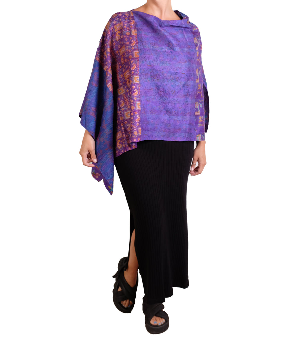 Mieko Mintz Vintage Silk Kantha Long Cape in Purples