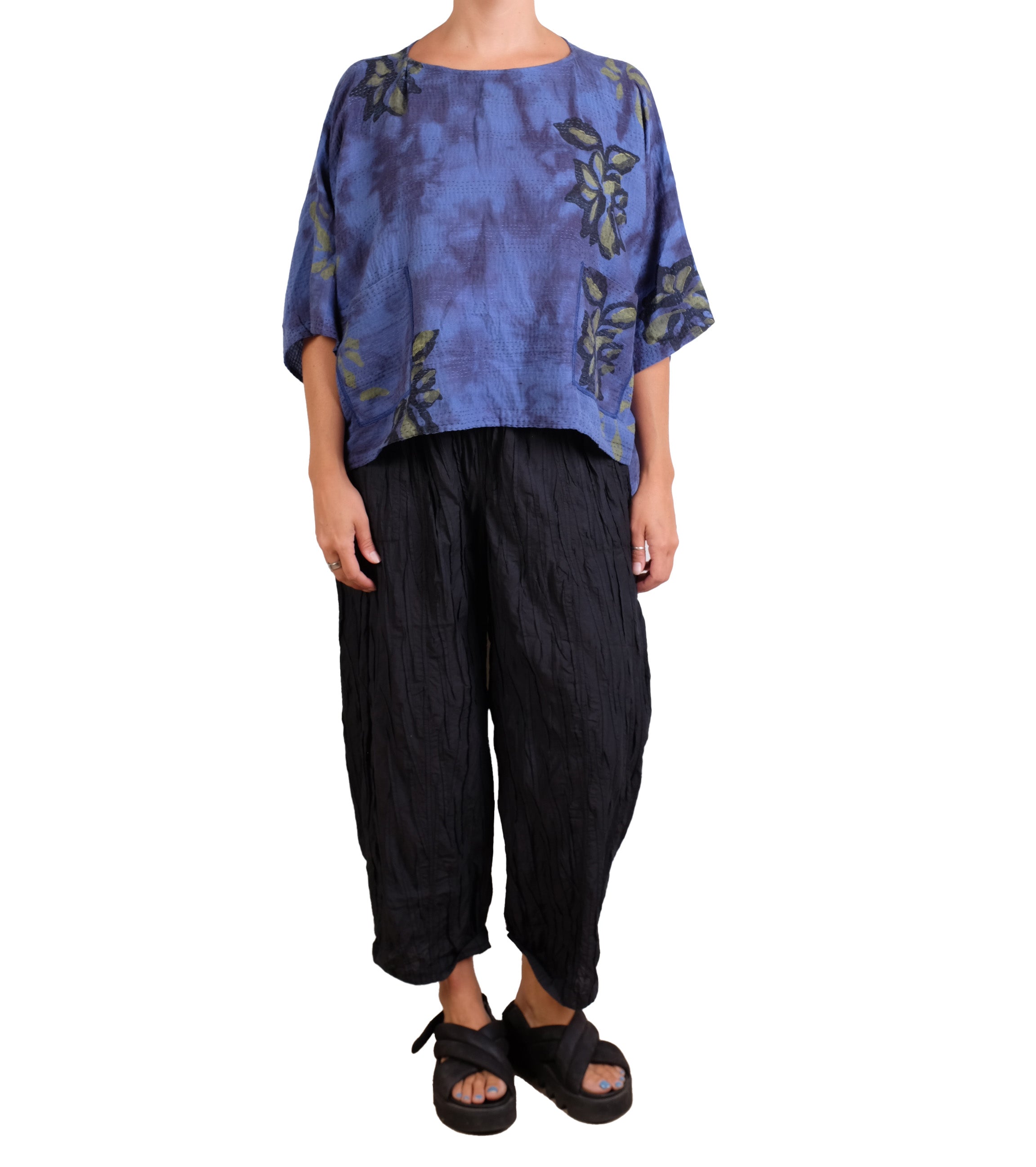 Mieko Mintz Cloud Tie Dye Floral Kantha Cropped Boat Neck Dolman Top