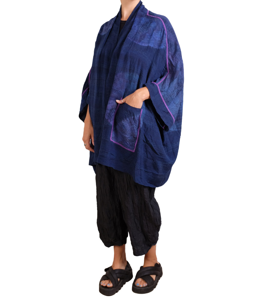 Mieko Mintz Navy Shibori Tie Dye Georgette Vintage Silk Patch Kantha Double Collar Poncho