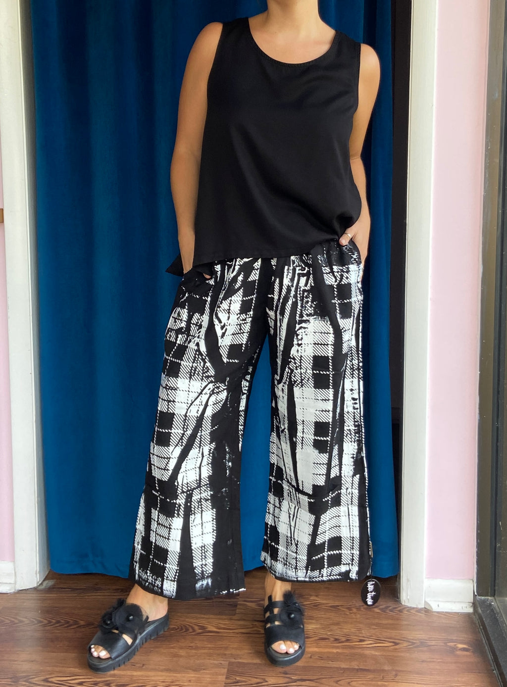 Paper Temples Ellis Pant in Black Sateen with Plaid Print