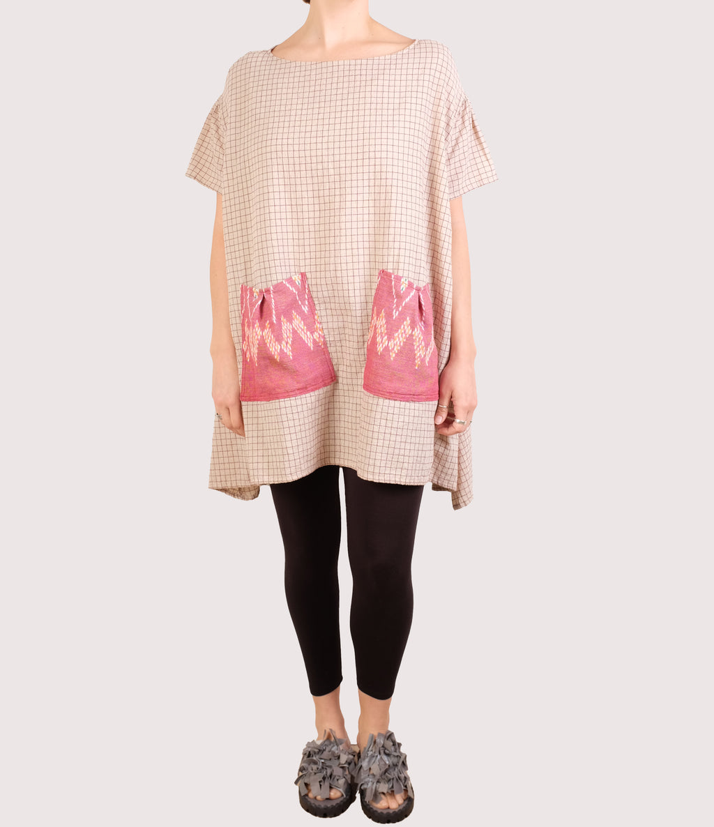 KQ Designs Cream/Burgundy Check One Size Tunic