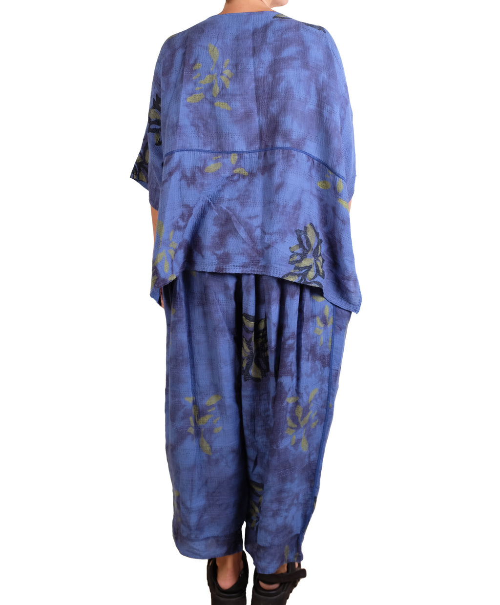 Mieko Mintz Cloud Tie Dye Floral Kantha Cropped Boat Neck Dolman Top