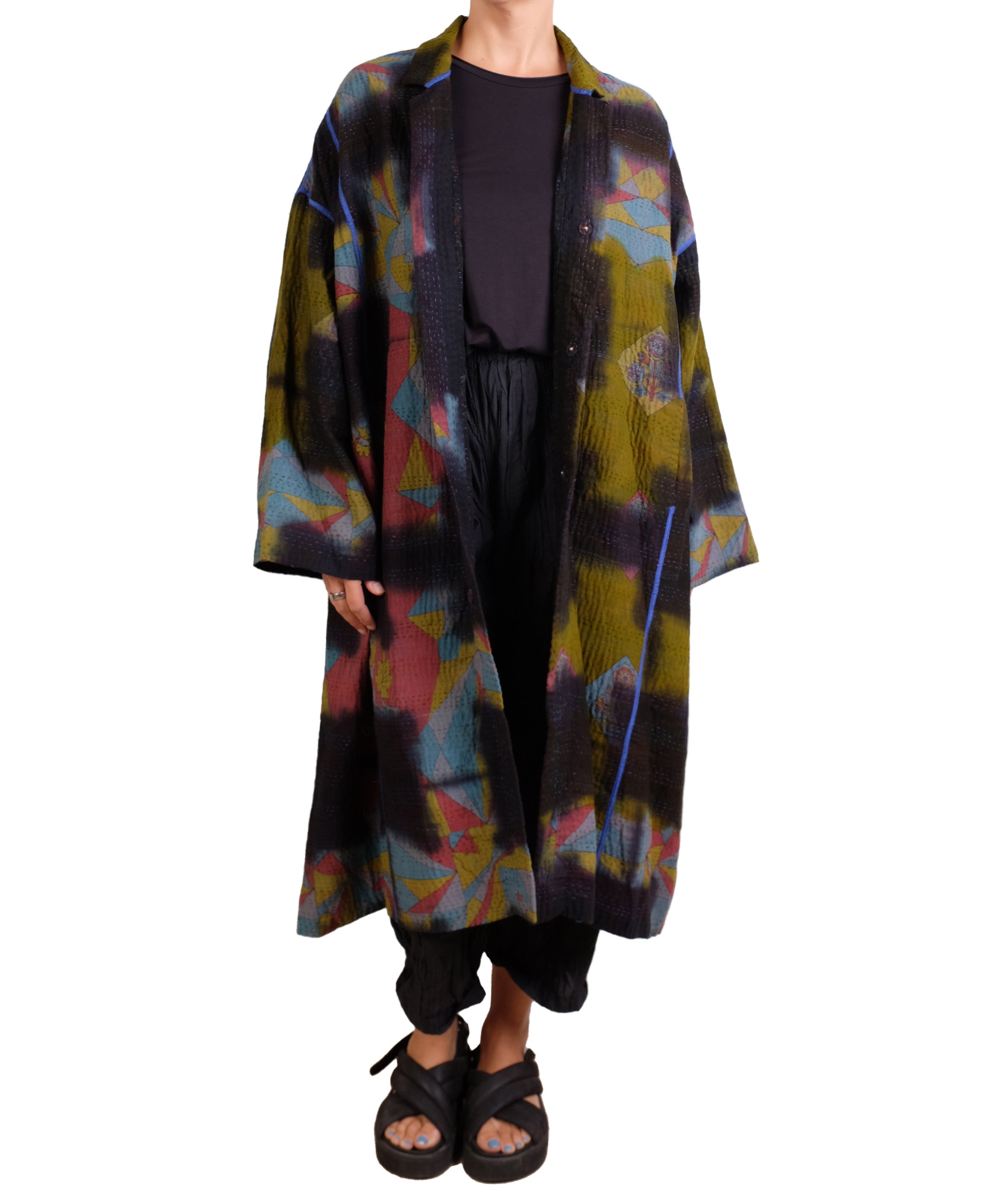Mieko Mintz Vintage Cotton Grey Clamp Tie Dye Kantha New Oversized Coat