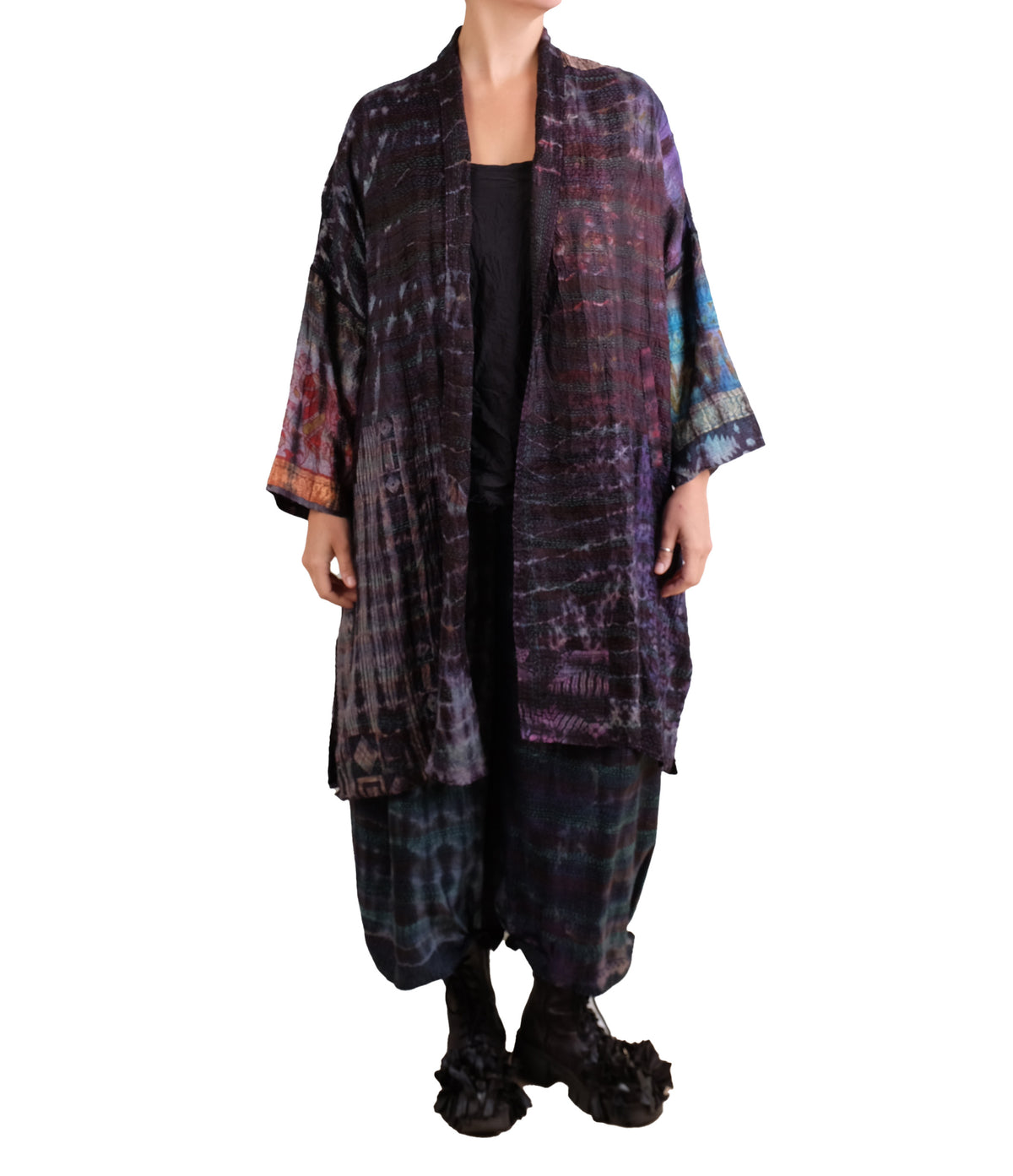 Mieko Mintz Tie Dye Vintage Silk Kantha New Kimono Long Wrap in Black