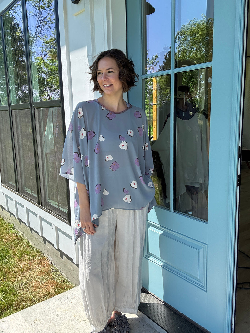 Pale Blue Floral One Size Drape Top