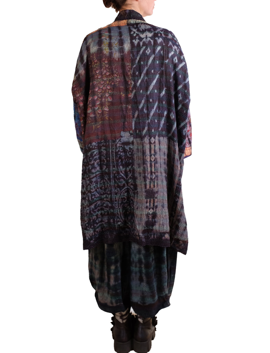 Mieko Mintz Tie Dye Vintage Silk Kantha New Kimono Long Wrap in Black