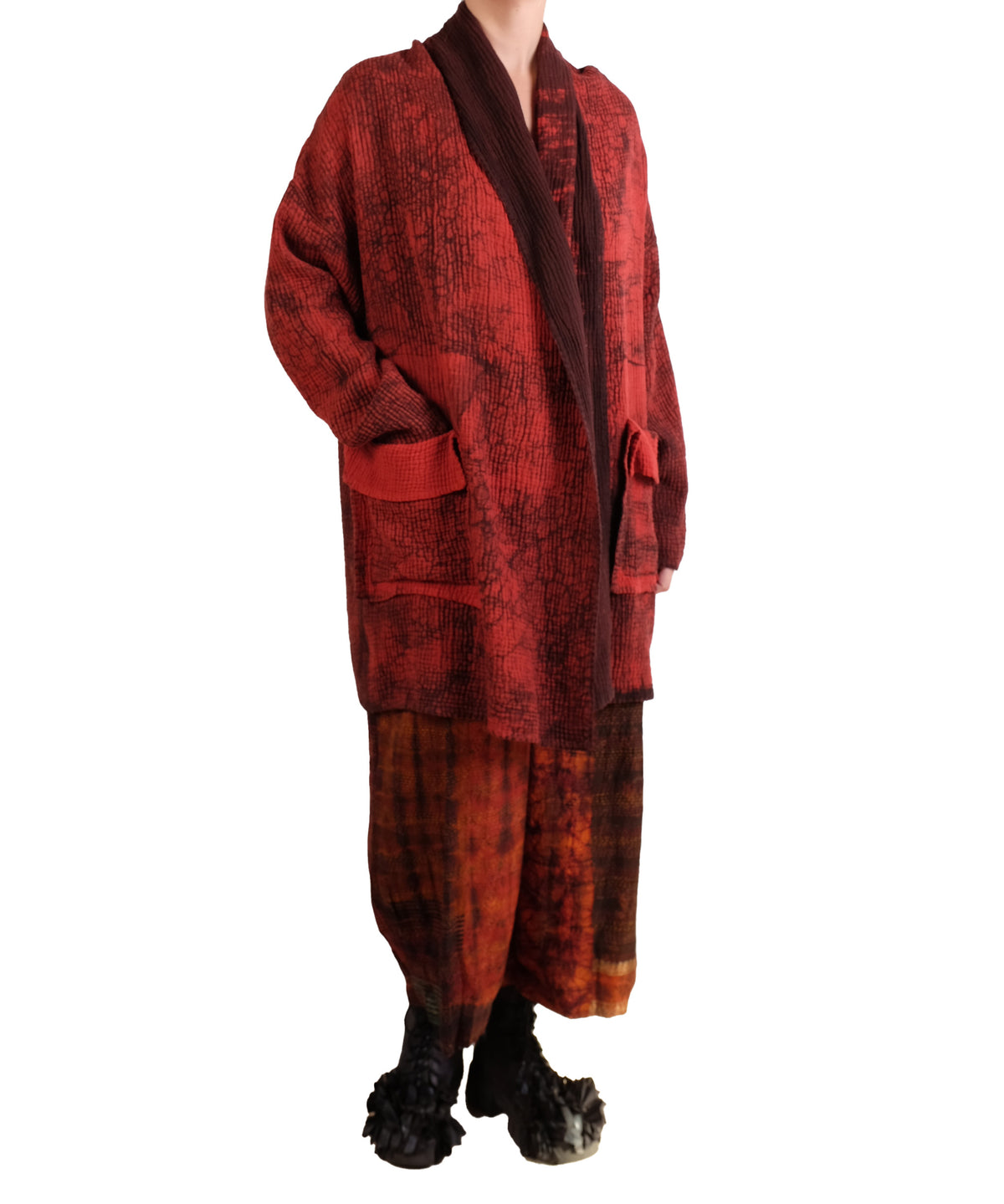 Mieko Mintz Mud Dye Ripple Kantha Shawl Coat in Red