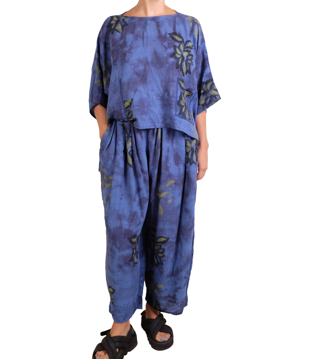 Mieko Mintz Cloud Tie Dye Floral Kantha Cropped Boat Neck Dolman Top