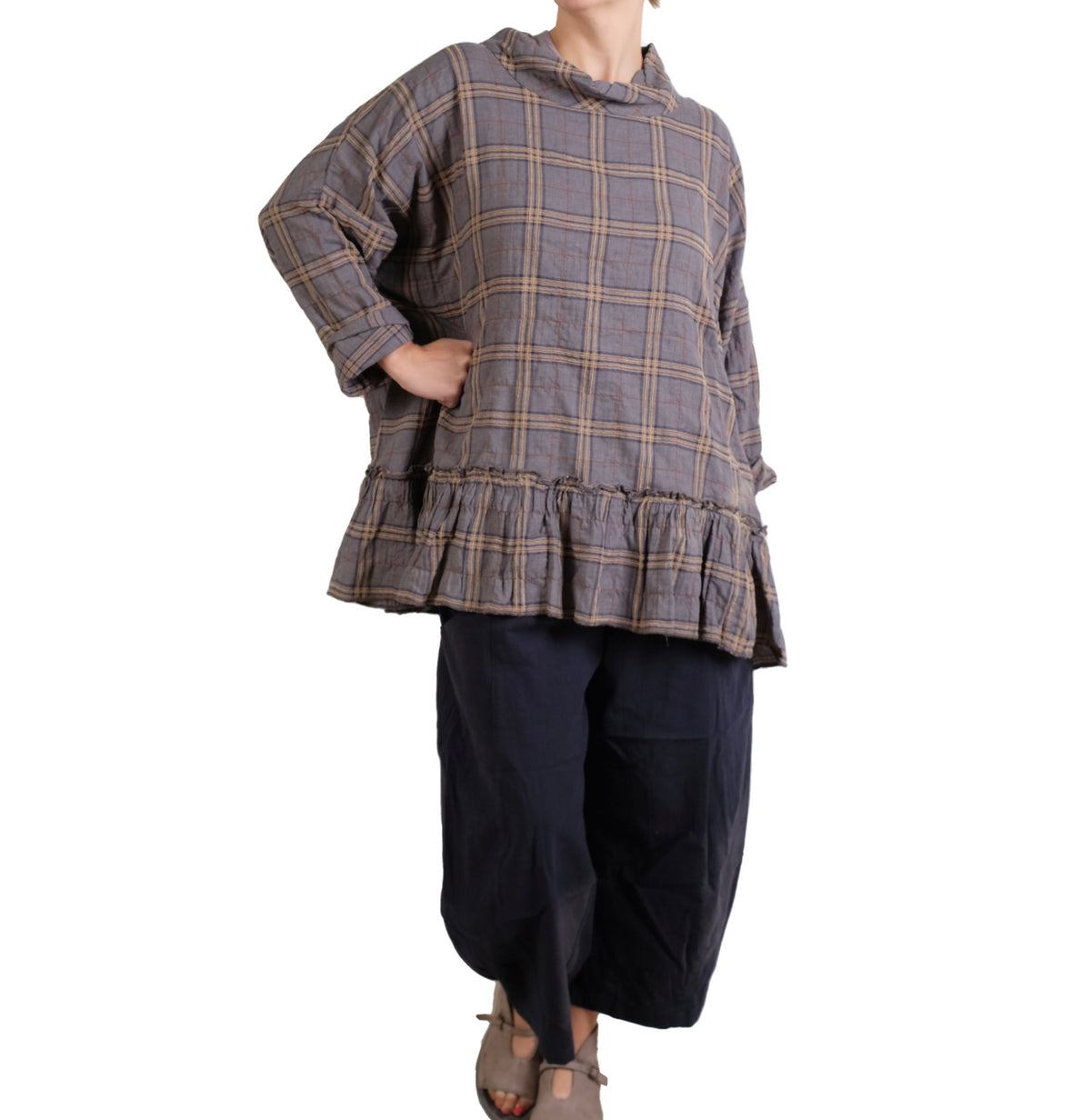 Dress To Kill Denim Mustard Plaid Ruffle Bottom Mock Pullover