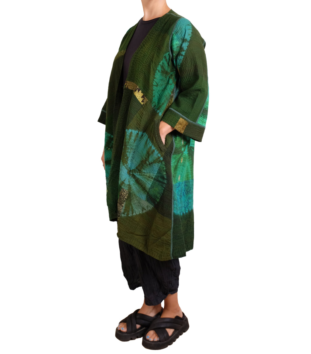 Mieko Mintz Cotton Silk Patch Kantha Wrap Flare Coat
