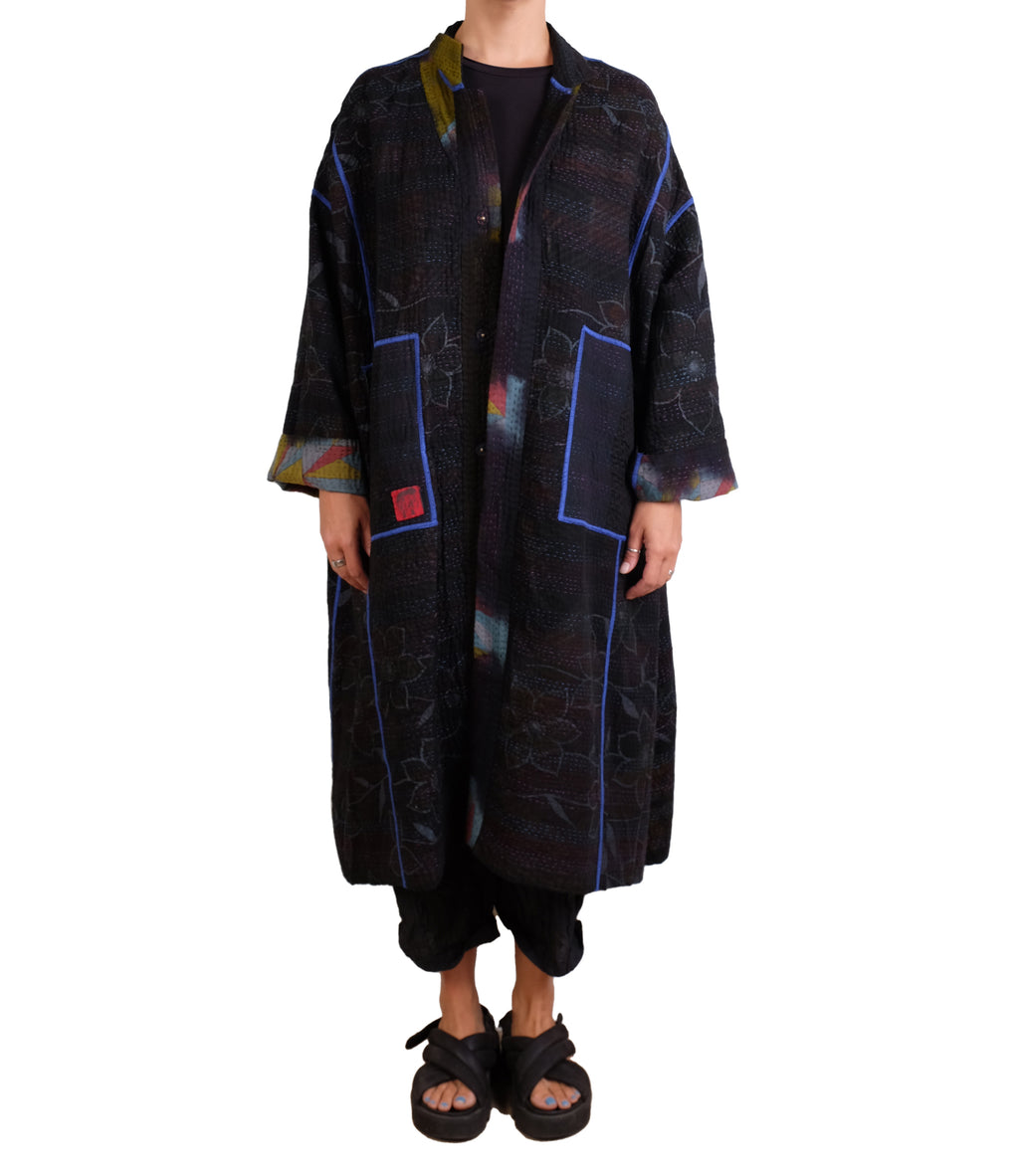 Mieko Mintz Vintage Cotton Grey Clamp Tie Dye Kantha New Oversized Coat