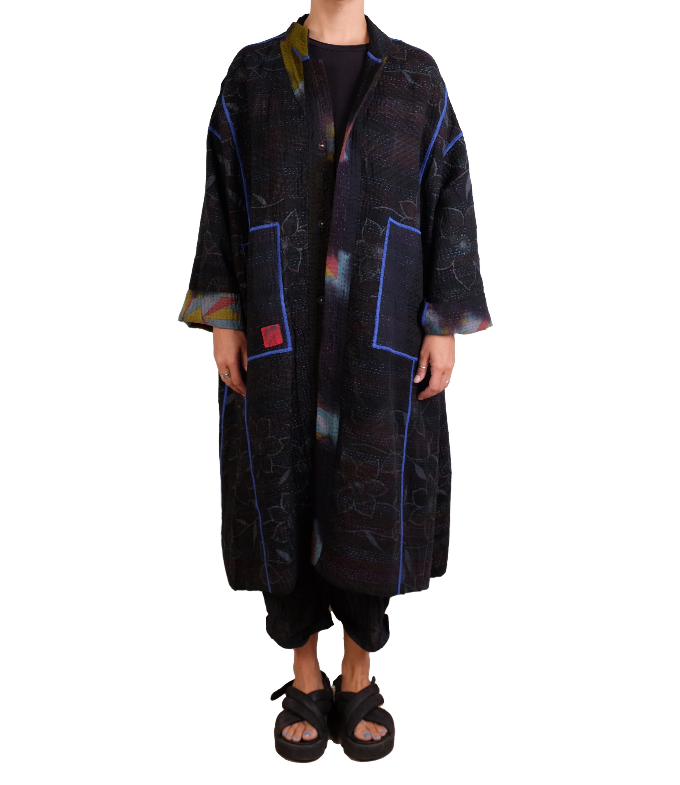 Mieko Mintz Vintage Cotton Grey Clamp Tie Dye Kantha New Oversized Coat