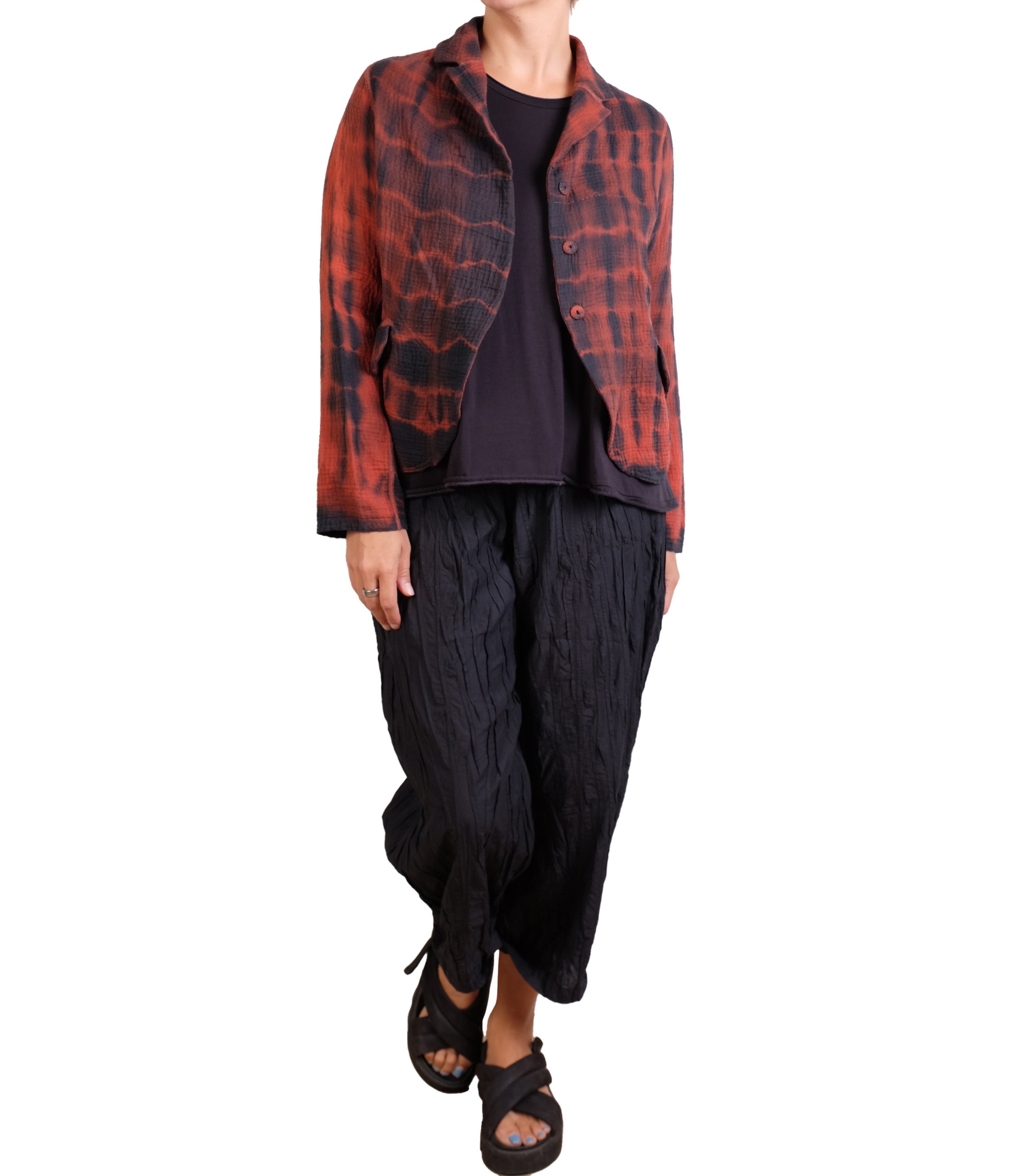 Mieko Mintz Shibori Tie Dye Kantha Cropped Basic Jacket in Burnt Orange