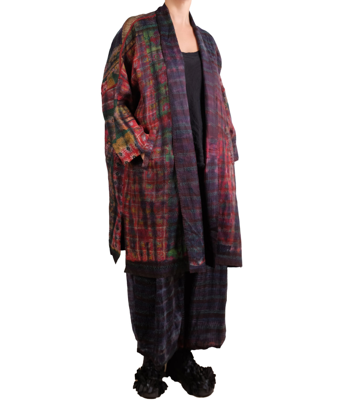 Mieko Mintz Tie Dye Vintage Silk Kantha New Kimono Long Wrap in Maroon