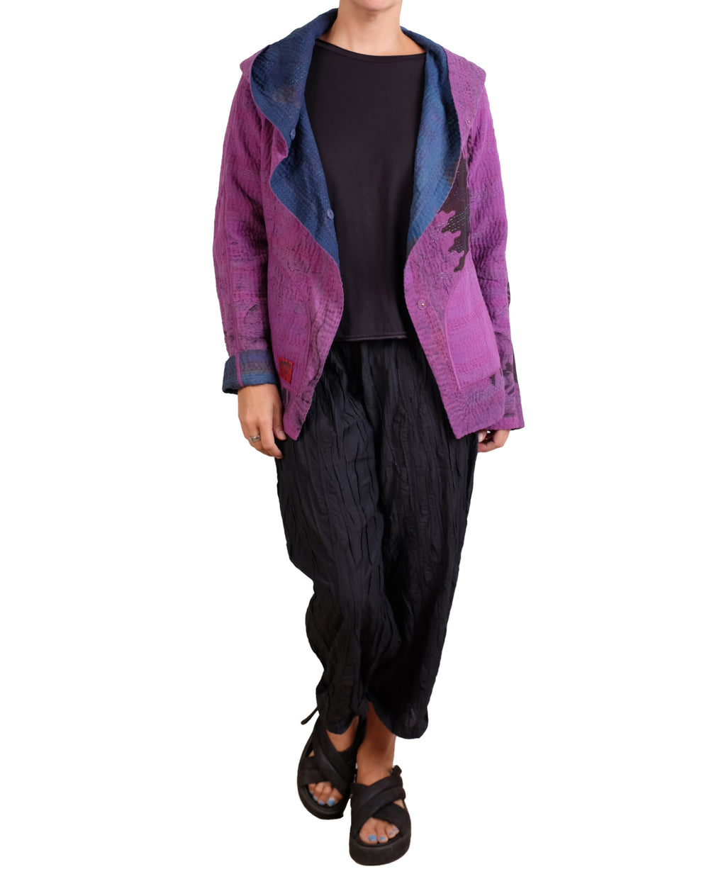 Mieko Mintz Navy & Purple Cotton Overdye Kantha Hoodie Jacket