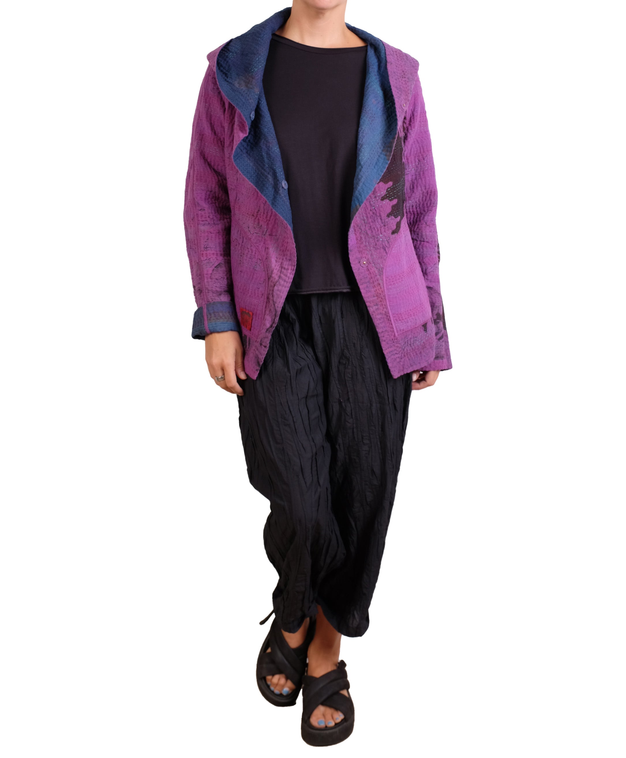 Mieko Mintz Navy & Purple Cotton Overdye Kantha Hoodie Jacket