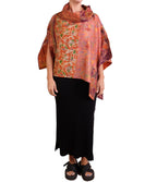 Vintage Silk Kantha Cowl Neck Long Cape in Oranges