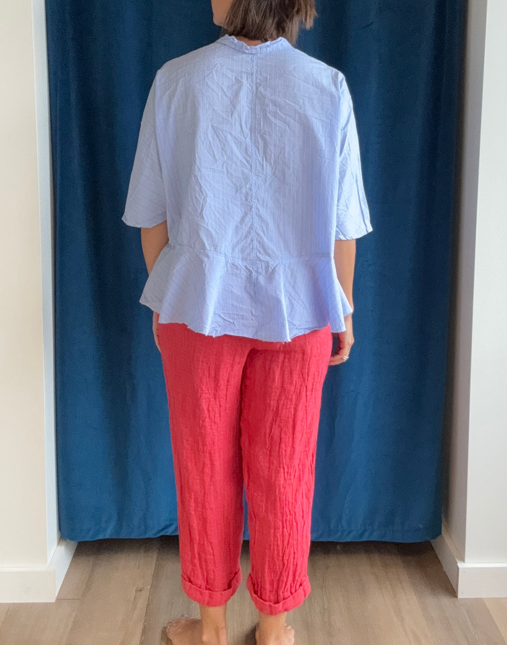 Paper Temples Flounce Top in Blue Stripe/Embroider