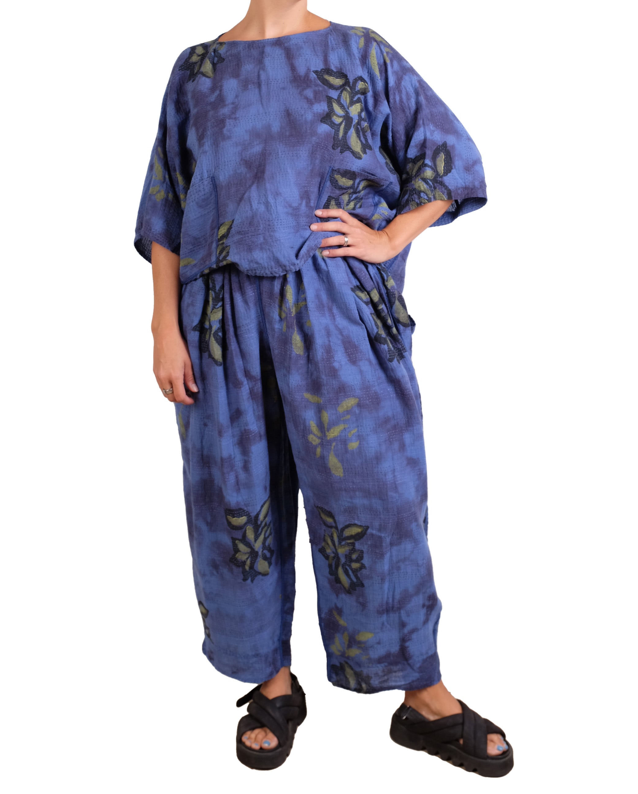 Mieko Mintz Cloud Tie Dye Floral Kantha Tucked Gather Pants