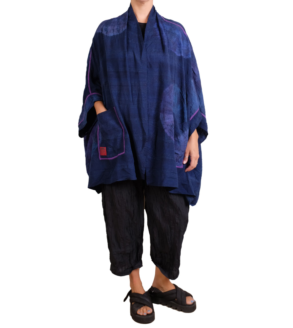 Mieko Mintz Navy Shibori Tie Dye Georgette Vintage Silk Patch Kantha Double Collar Poncho