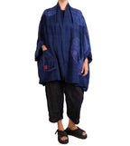Mieko Mintz Navy Shibori Tie Dye Georgette Vintage Silk Patch Kantha Double Collar Poncho