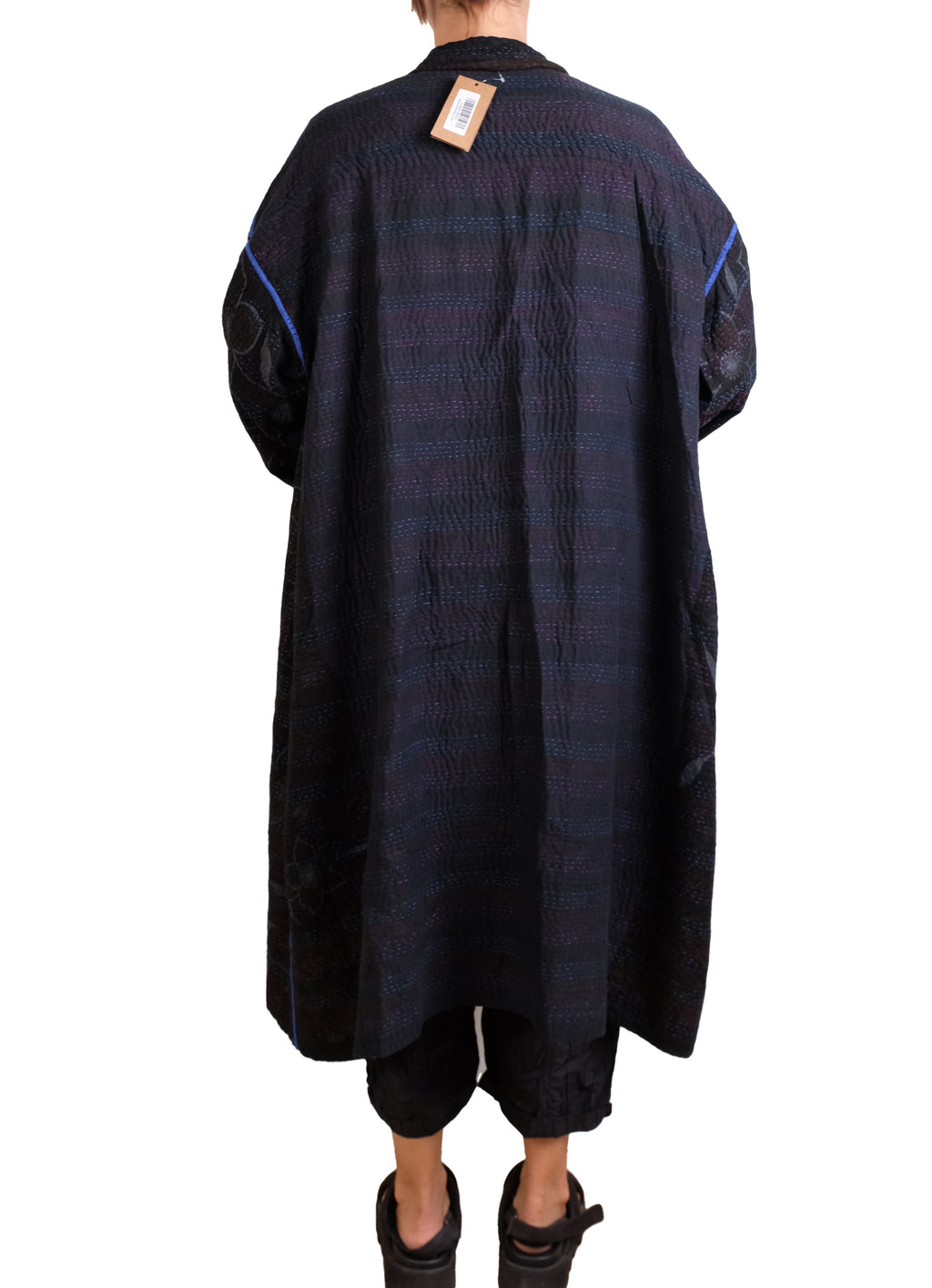 Mieko Mintz Vintage Cotton Grey Clamp Tie Dye Kantha New Oversized Coat