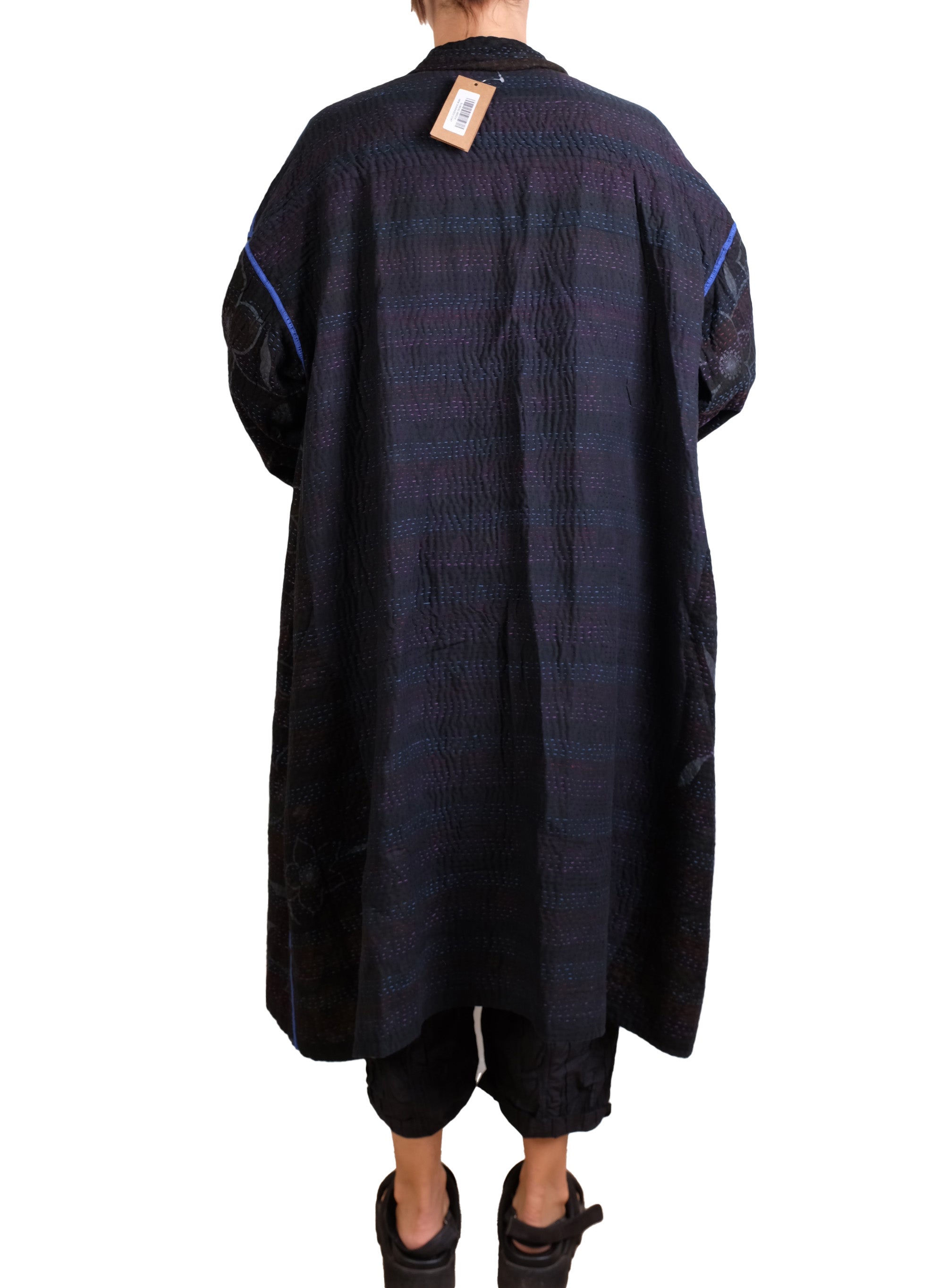 Mieko Mintz Vintage Cotton Grey Clamp Tie Dye Kantha New Oversized Coat