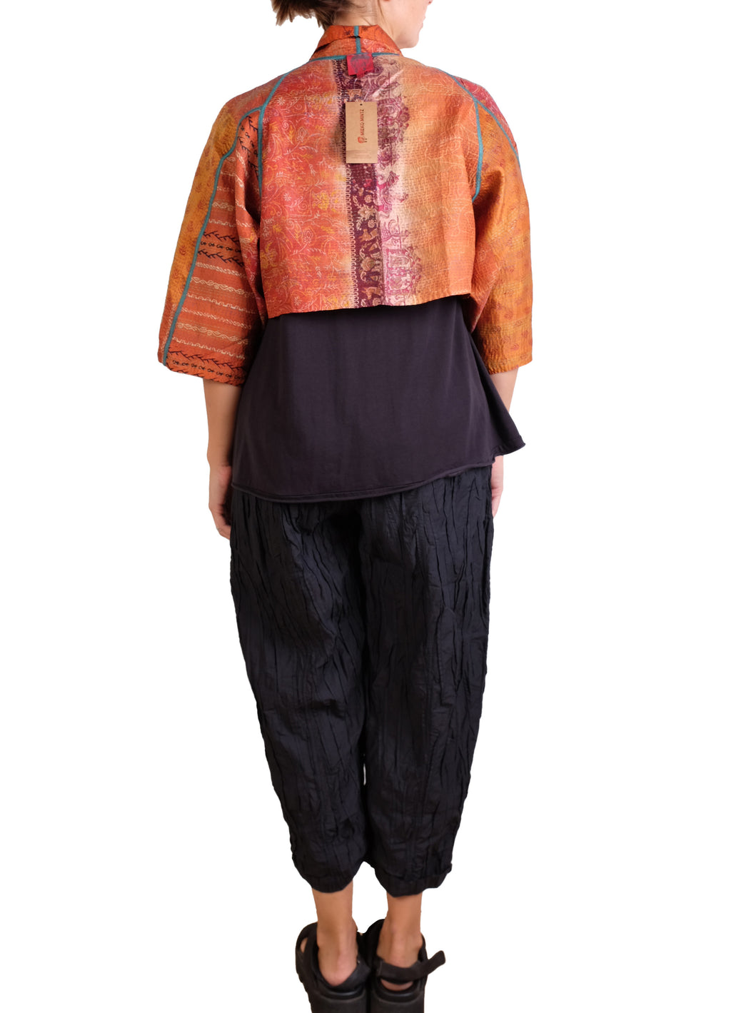 Mieko Mintz Vintage Silk Kantha Puff Sleeve Shrug in Oranges