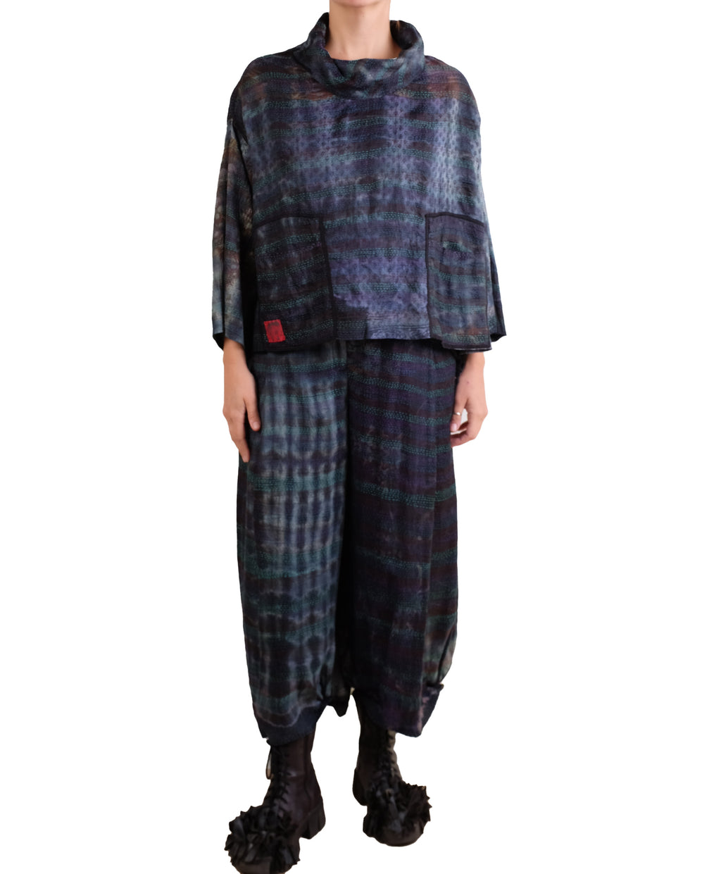 Mieko Mintz Tie Dye Vintage Silk Kantha Cowl Pullover in Black