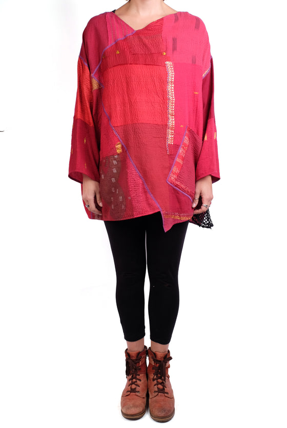 Mieko Mintz Frayed Patch With Brocade Kantha Oversized Tunic