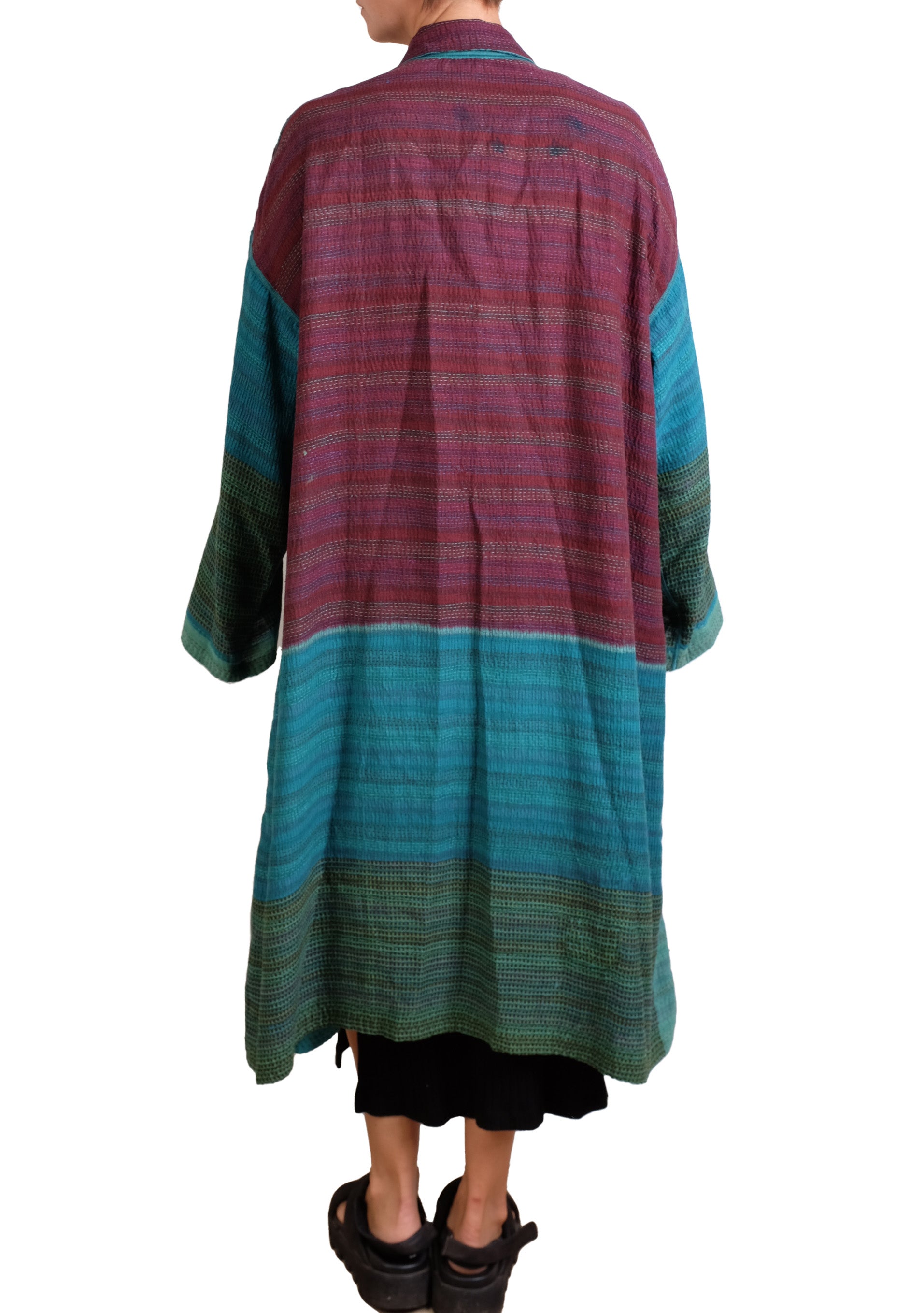 Mieko Mintz Burgundy and Teal Vintage Cotton & New Voile Kantha New Oversized Coat