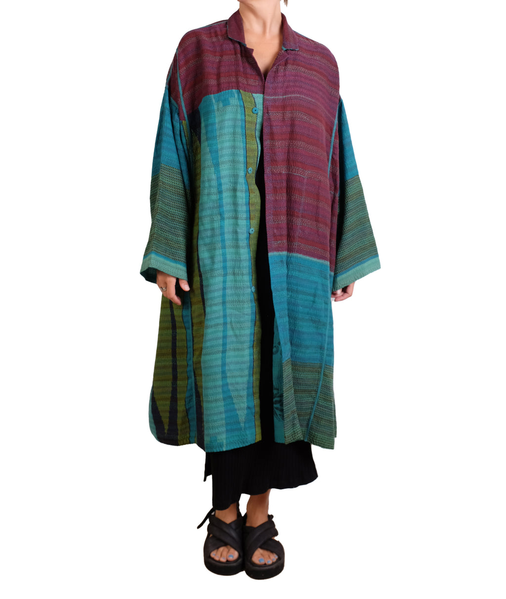 Mieko Mintz Burgundy and Teal Vintage Cotton & New Voile Kantha New Oversized Coat
