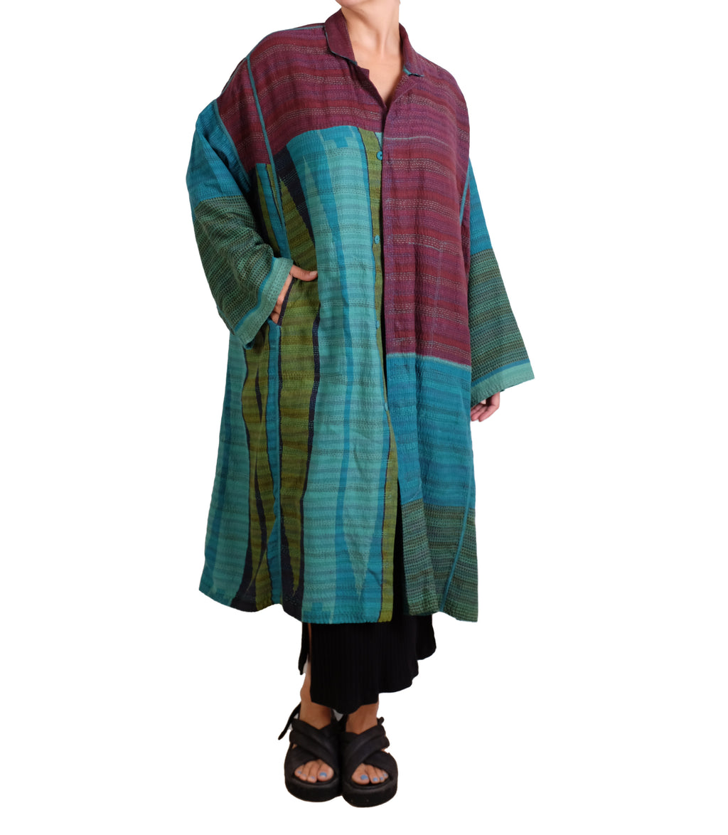 Mieko Mintz Burgundy and Teal Vintage Cotton & New Voile Kantha New Oversized Coat
