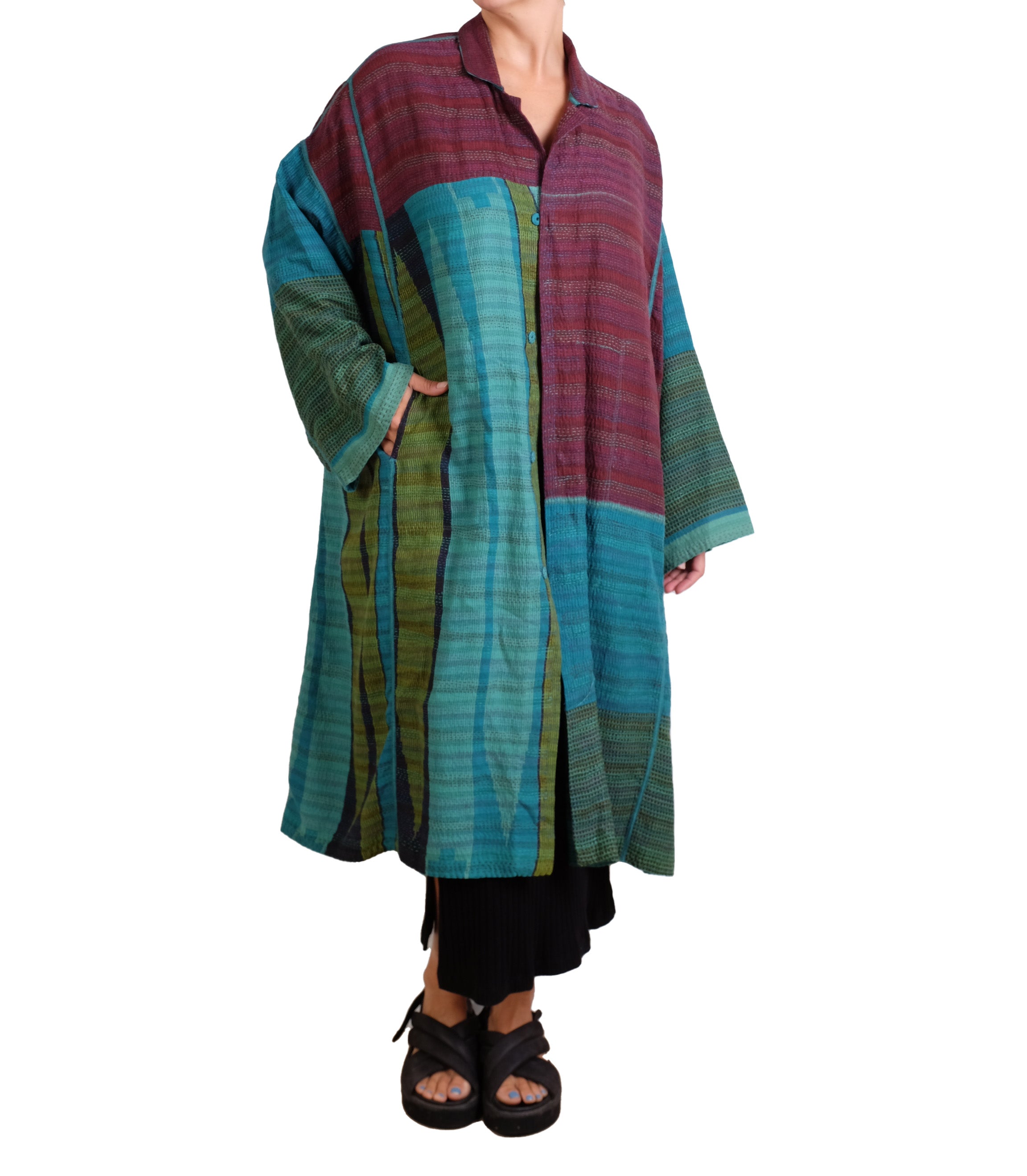 Mieko Mintz Burgundy and Teal Vintage Cotton & New Voile Kantha New Oversized Coat