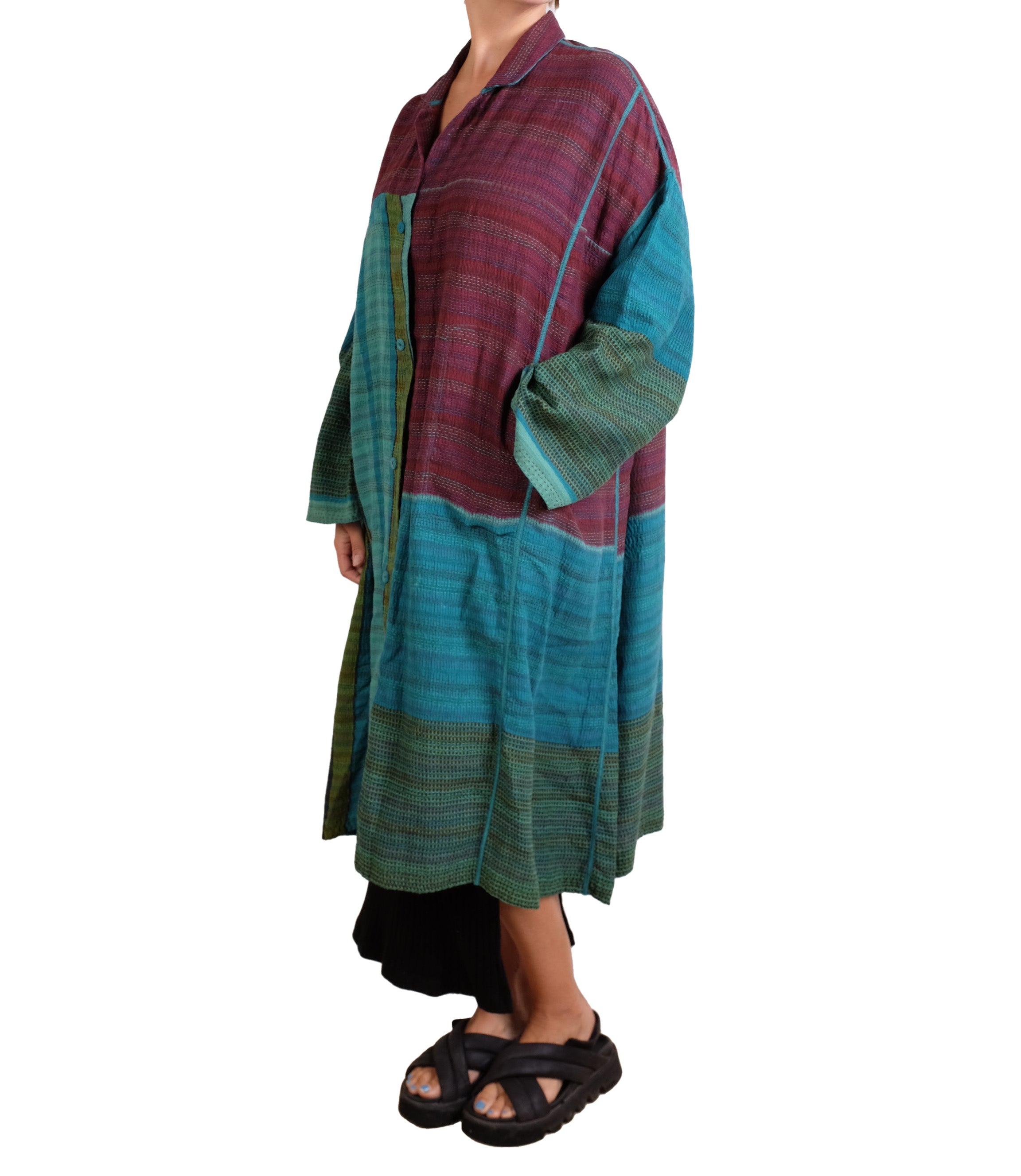 Mieko Mintz Burgundy and Teal Vintage Cotton & New Voile Kantha New Oversized Coat